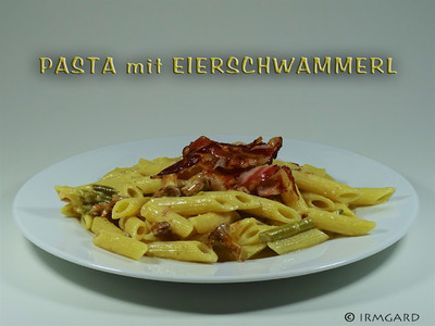 Pasta mit Eierschwammerl, Fisolen und Speck Rezept