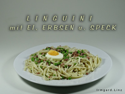 Linguini mit Ei, Erbsen und Speck Rezept