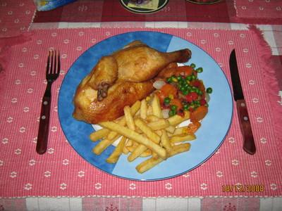 Brathenderl mit Röstgemüse &amp; Pommes Rezept