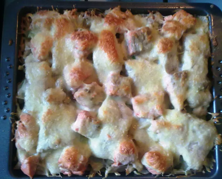 Schlemmergratin leichte Art ( Tagliatelle mit Fenchel,Chicoree und zweierlei Fisch)