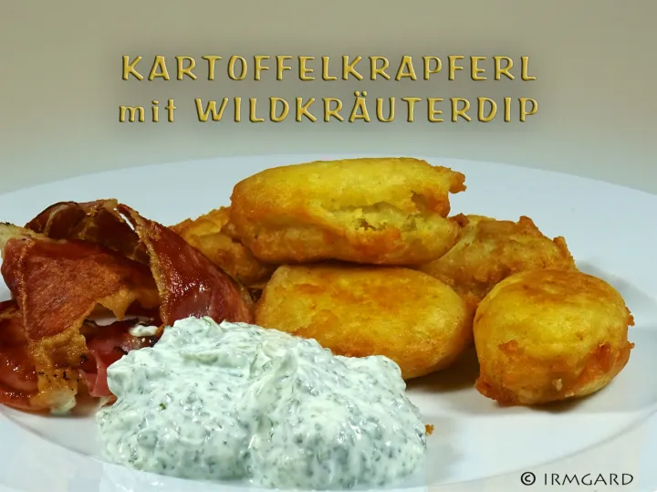 Kartoffelkrapferl mit Wildkräuterdip