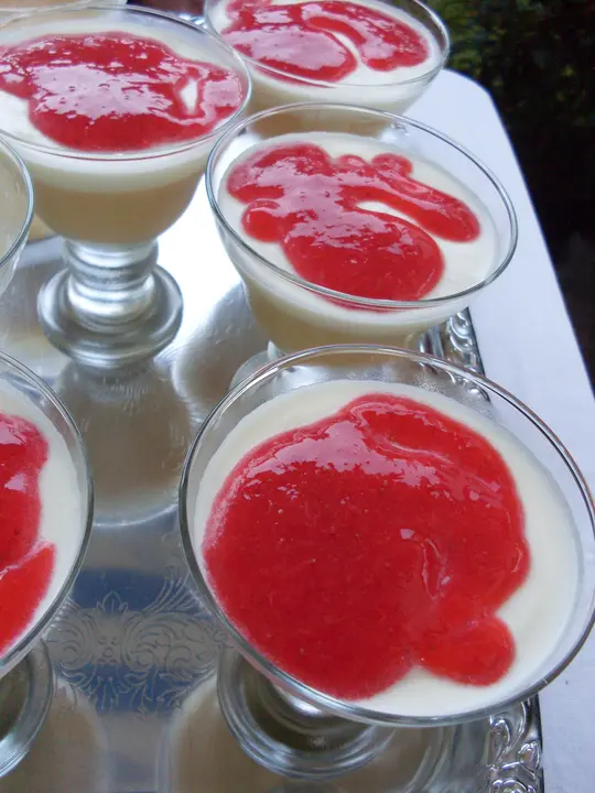 Mangocreme mit Joghurtobers und Erdbeersauce