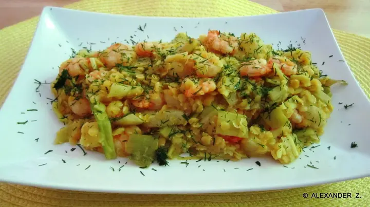 Garnelen mit rote Linsen