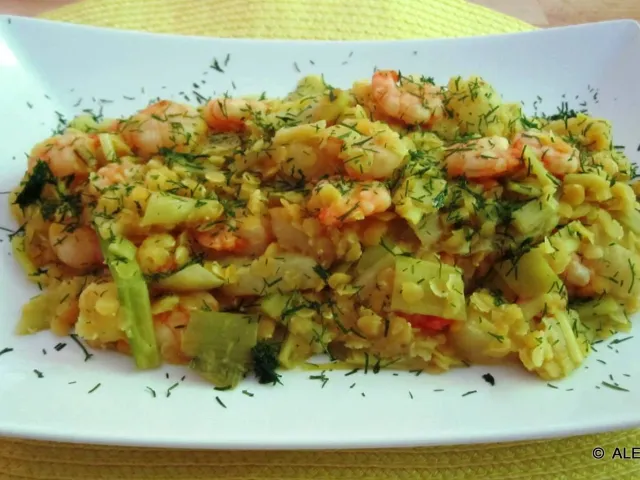 Garnelen mit rote Linsen