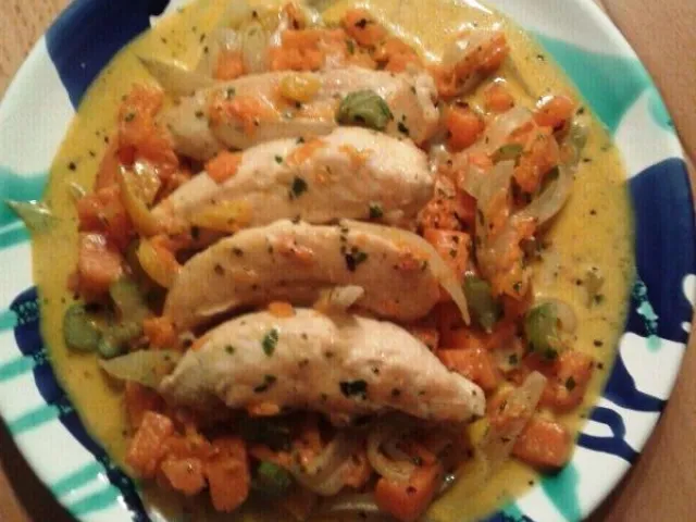 Hühnerfiletspitzen auf Kürbisgemüse